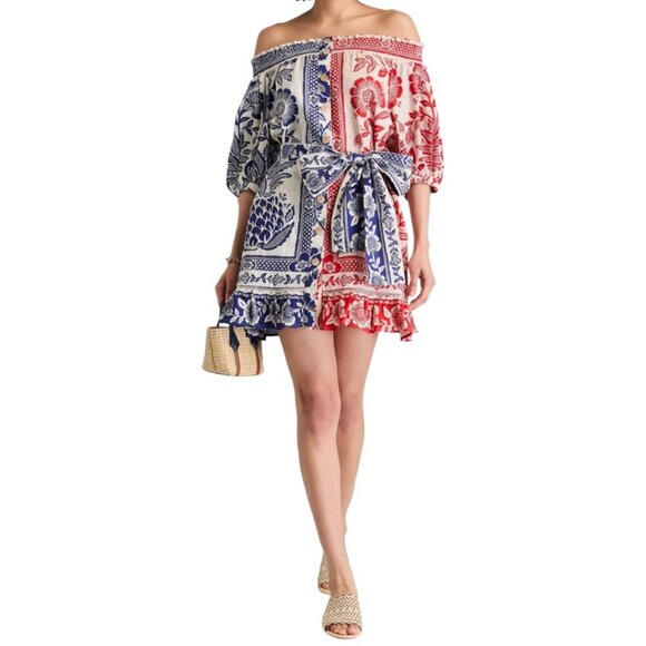 Farm Rio Mixed Pineapple Garden Off Shoulder Mini Dress S Pockets Puff Sleeves - Picture 2 of 16